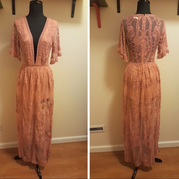 *SOLD* Honey Punch Pink Lace Romper Maxi Dress - Picture 3 of 5